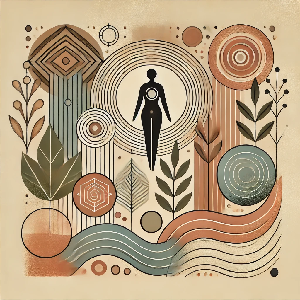 Una ilustración abstracta y moderna inspirada en el empoderamiento personal y el establecimiento de límites. La composición presenta una figura central que simboliza la fuerza.