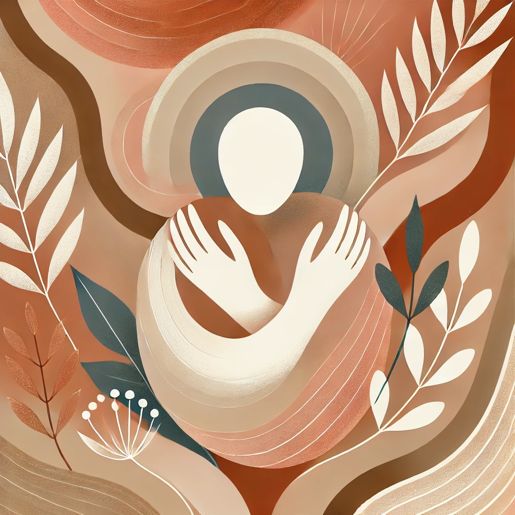 Una ilustración abstracta y armoniosa inspirada en los principios de la Gestalt, que evoca cuidado, seguridad y comprensión. El diseño presenta formas orgánicas suaves y fluidas.