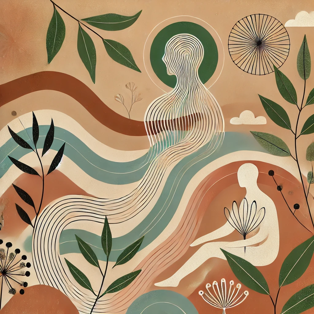 Una ilustración abstracta y moderna inspirada en el bienestar sexual y la conexión personal. La composición presenta una figura central de líneas fluidas.