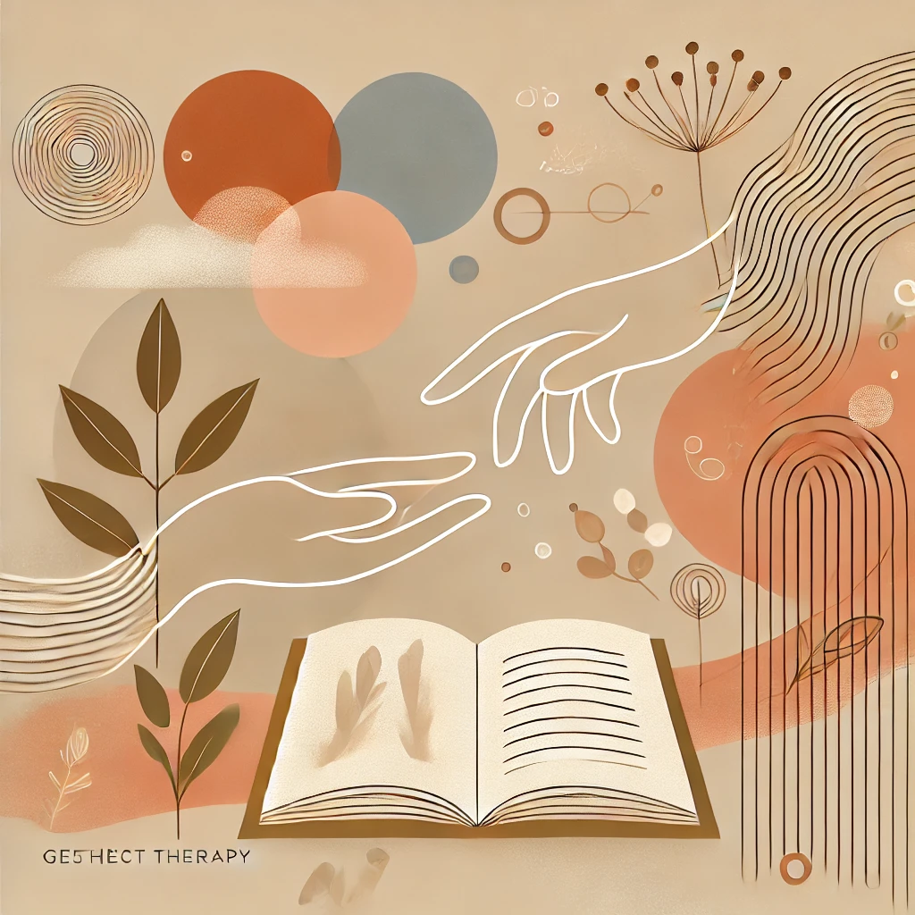 Una ilustración abstracta y reconfortante para un blog de terapia Gestalt, que presenta una composición serena y minimalista con una paleta de colores suaves en beige y terracota